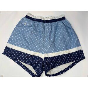 1950s Blue White Swim Trunks Bathing Suit Nautical Polka Dot Cotton Shorts Med